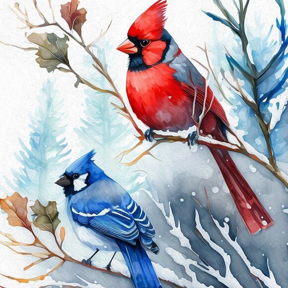 16x20 Blue Jay Red Cardinal‎ Snow Bird Watercolor Illustration Painting Poster - Picture 5 of 5